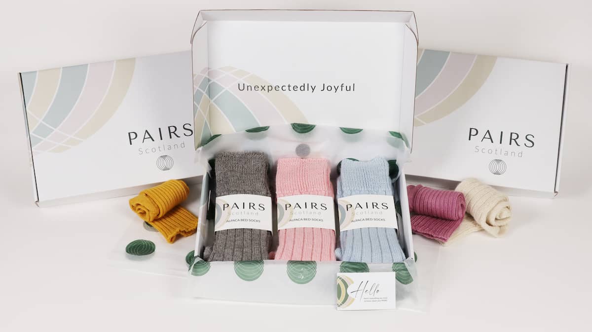 alpaca bed socks ready to be posted in pairs scotland signature box