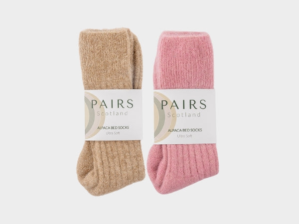 Ultra Soft Alpaca Ribbed Bed Socks Gift Box - Fawn and Pink