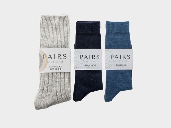 Lambswool Bed Socks &amp; Merino Socks Gift Box - Grey / Navy / Sky Blue