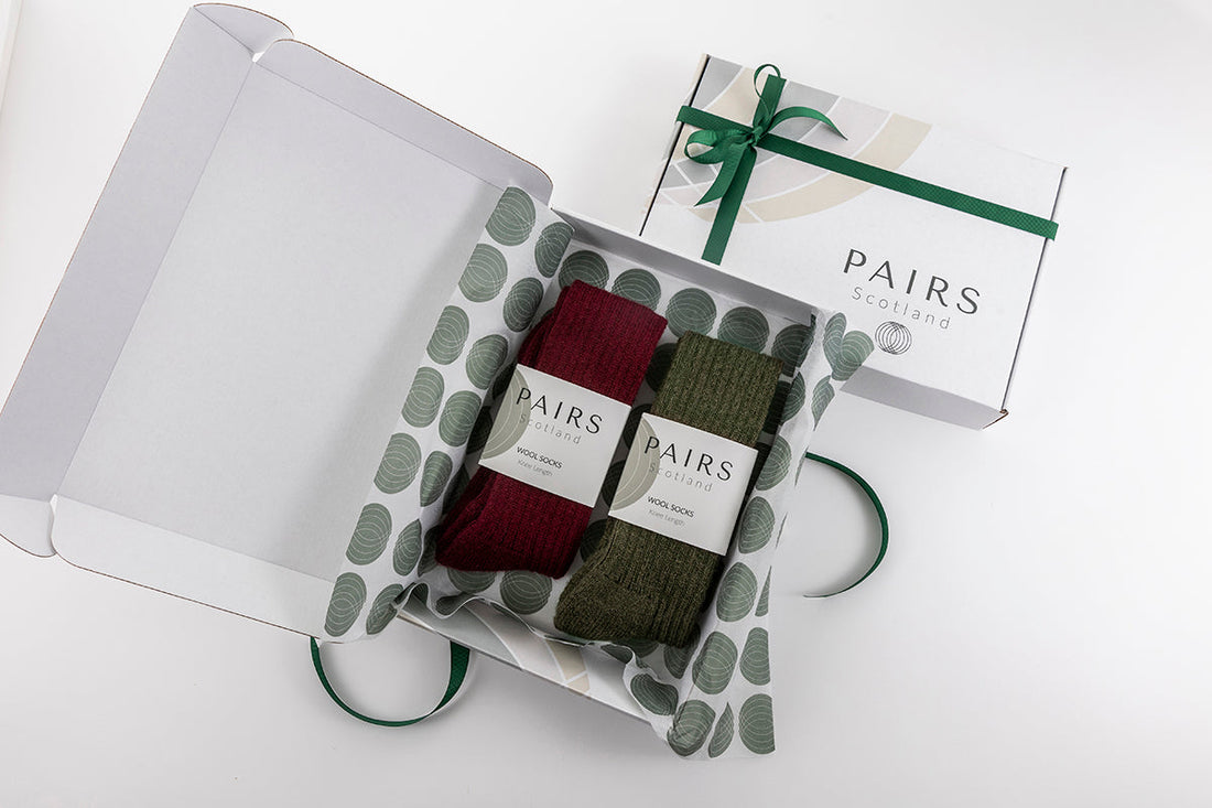 Wool Knee High Socks Gift Box - Burgundy and Green
