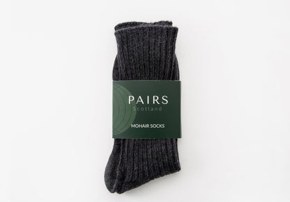charcoal black mohair socks in brand packaging