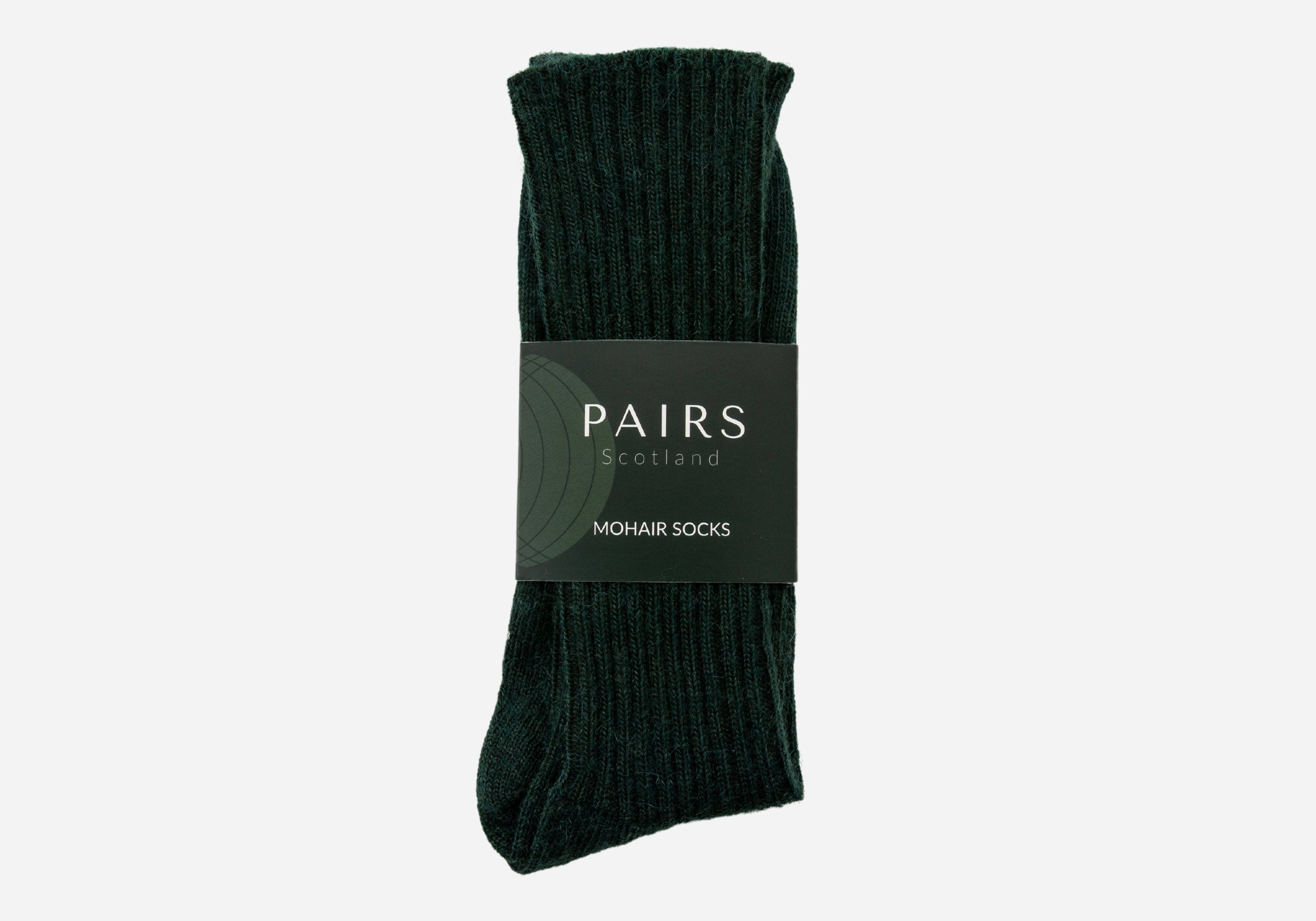 green mohair socks in brand packaging