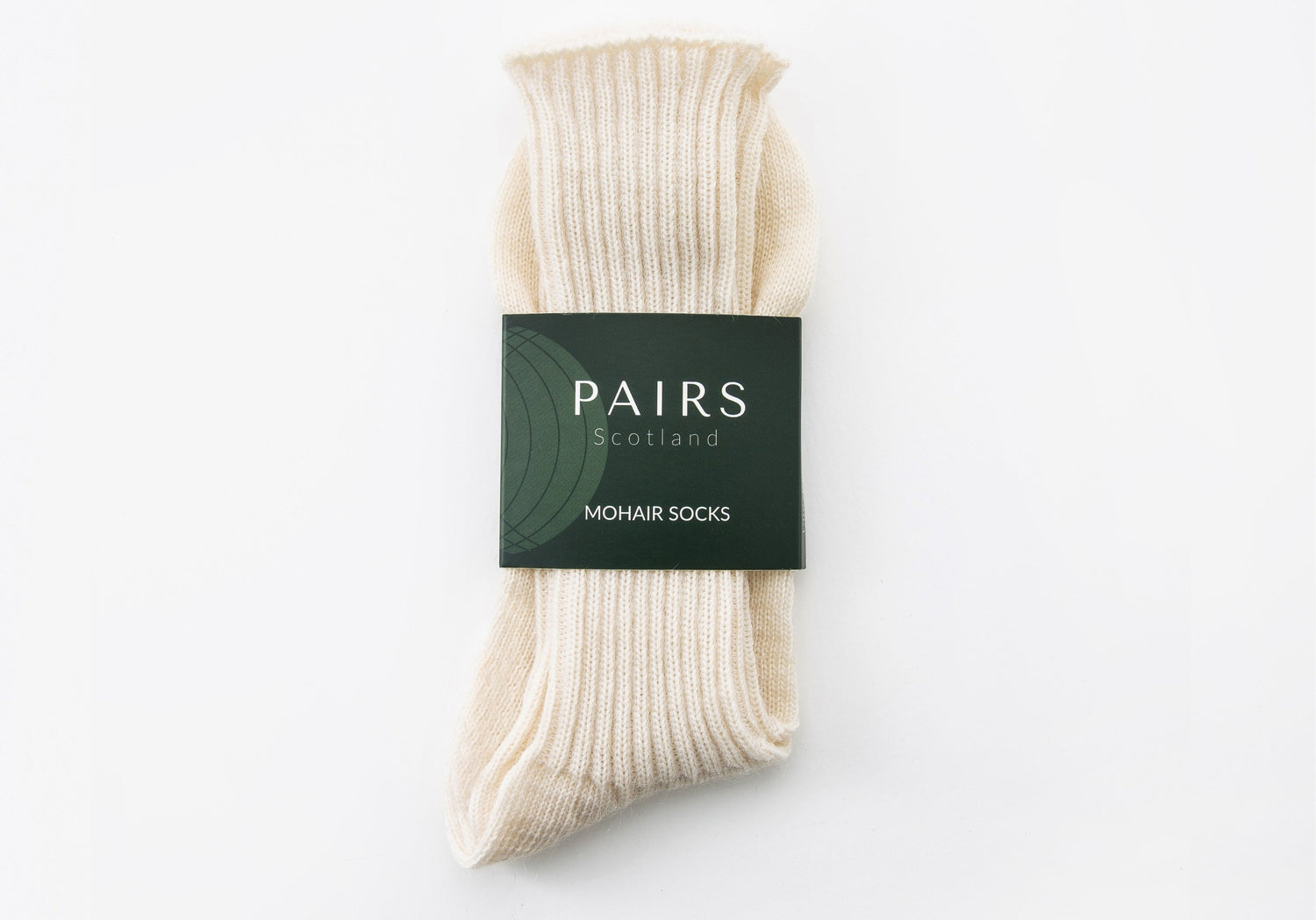 white cream mohair socks in brand packaging
