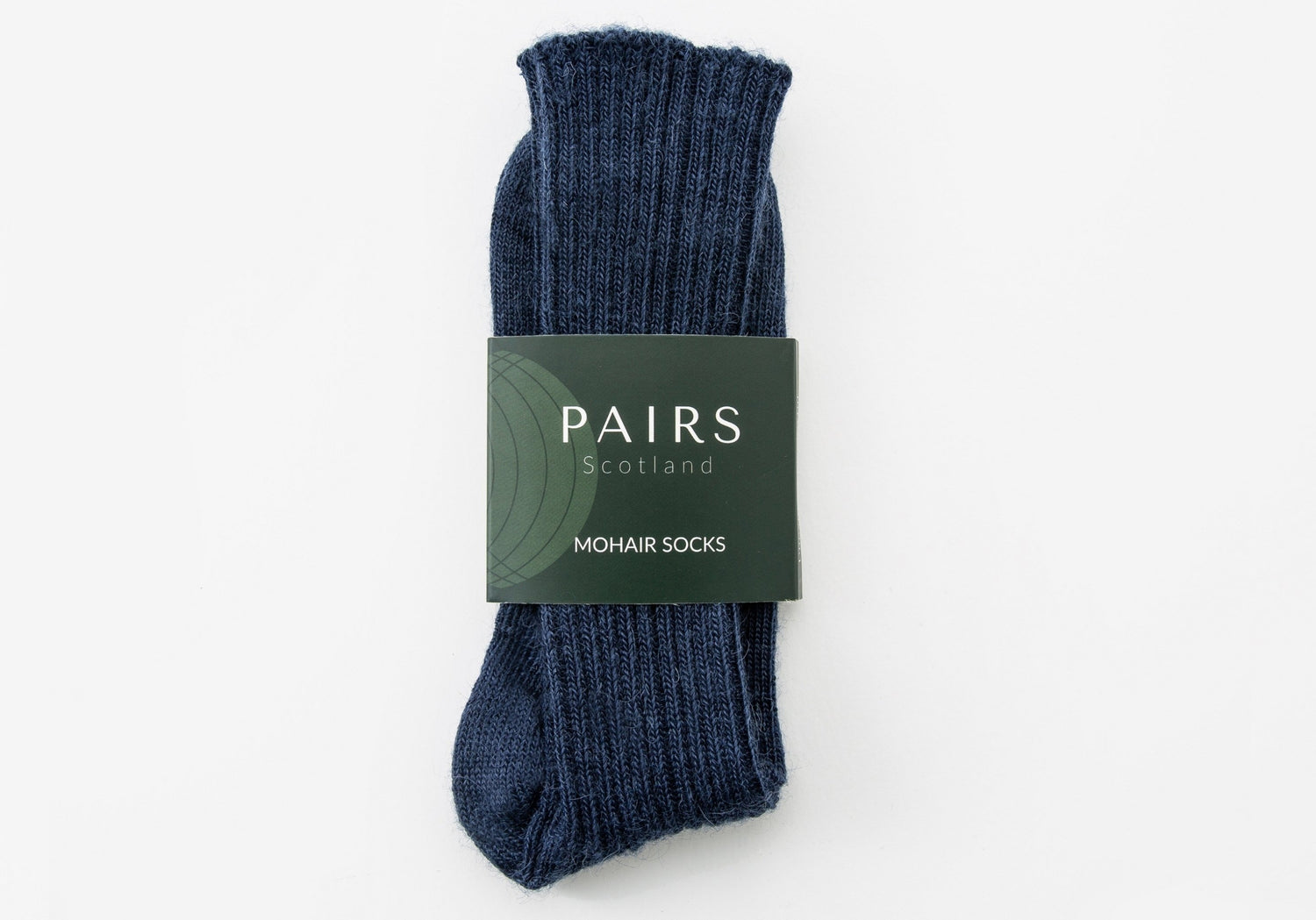 navy blue mohair socks in brand packaging