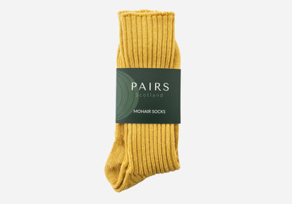 yellow mustard mohair socks in brand packaging